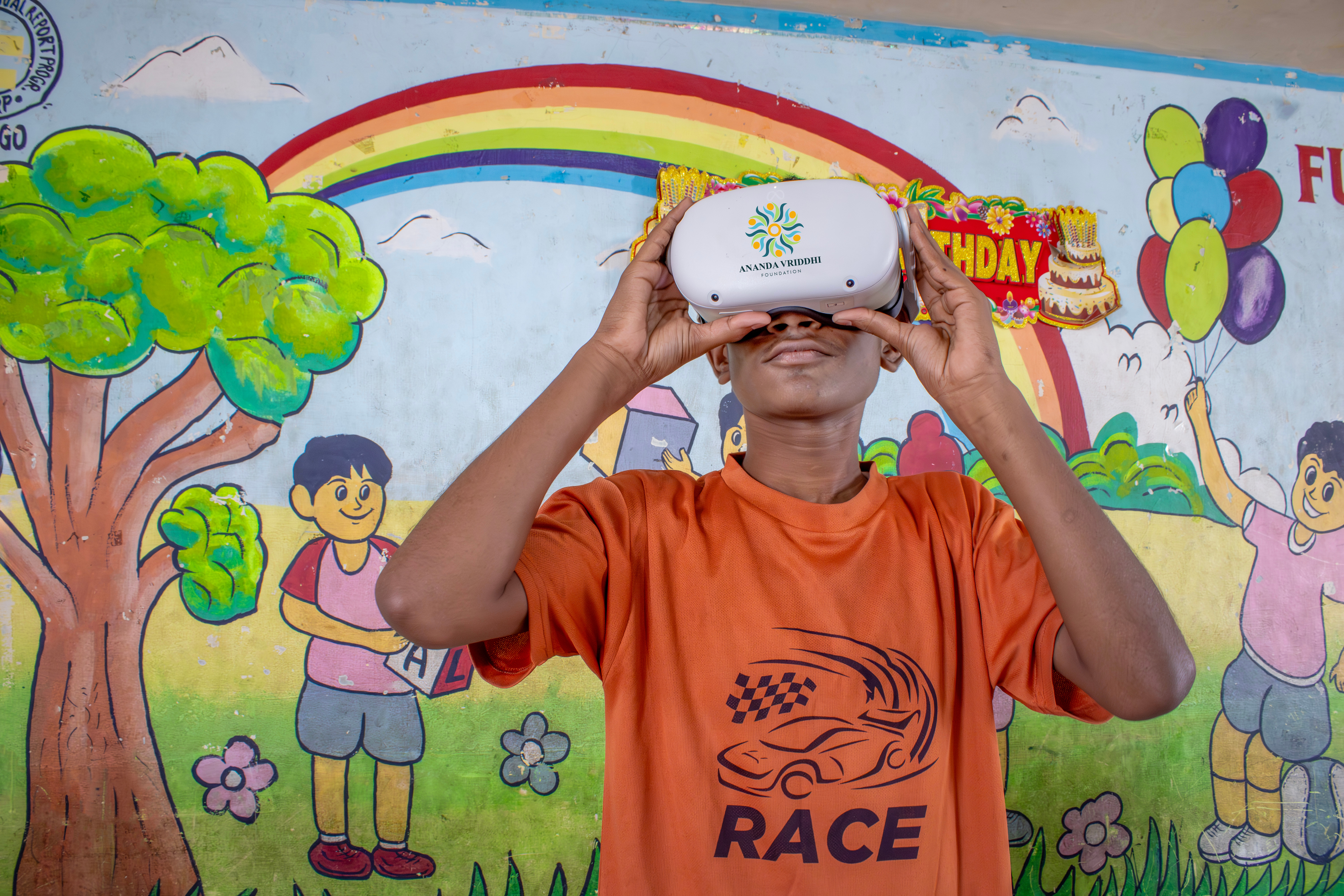 Orphanage children smiling while experiencing VR